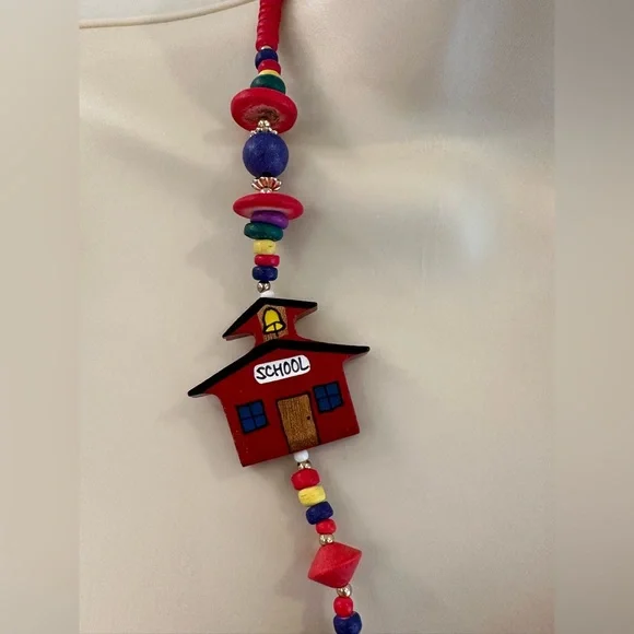 Vintage 90s Y2K Handmade Teacher Jewelry Set Schoolhouse Bus Necklace Earrings - Picture 8 of 13